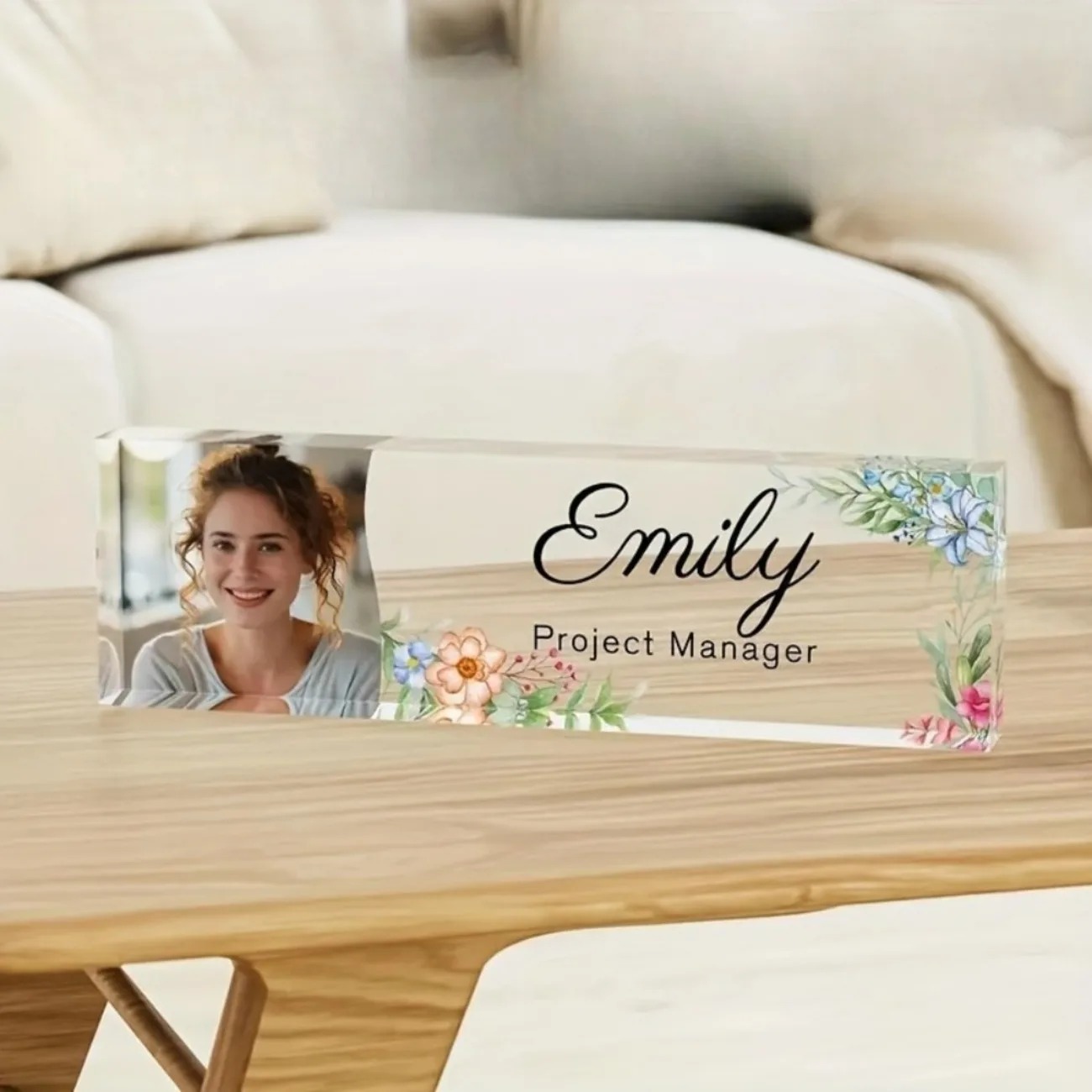 Desk Name Plate - 1個入りパーソナライズされた花柄アクリル製デスクネームプレート、カスタム英語デスクトップサイン、多目的オフィス必需品デコレーション